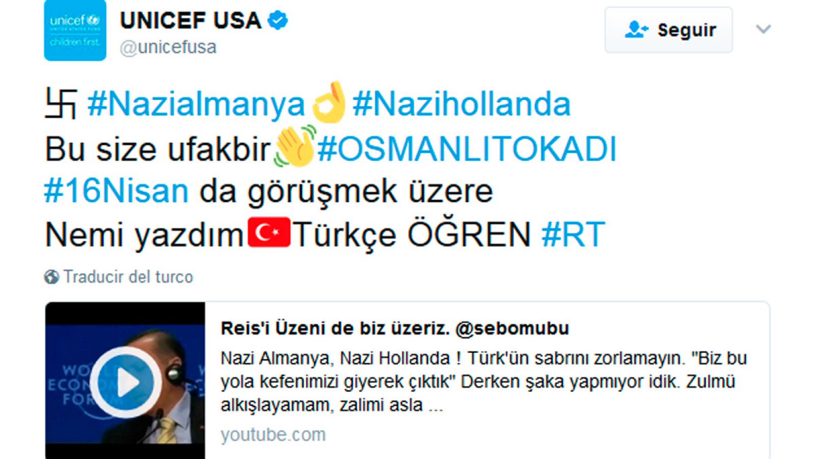Imagen de la cuenta de UNICEF hackeada con un mensaje pro Erdogan