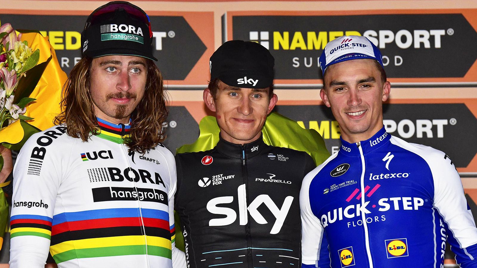 El podio de la Milán - San Remo, con Sagan, Kwiatkowski y Alaphilippe