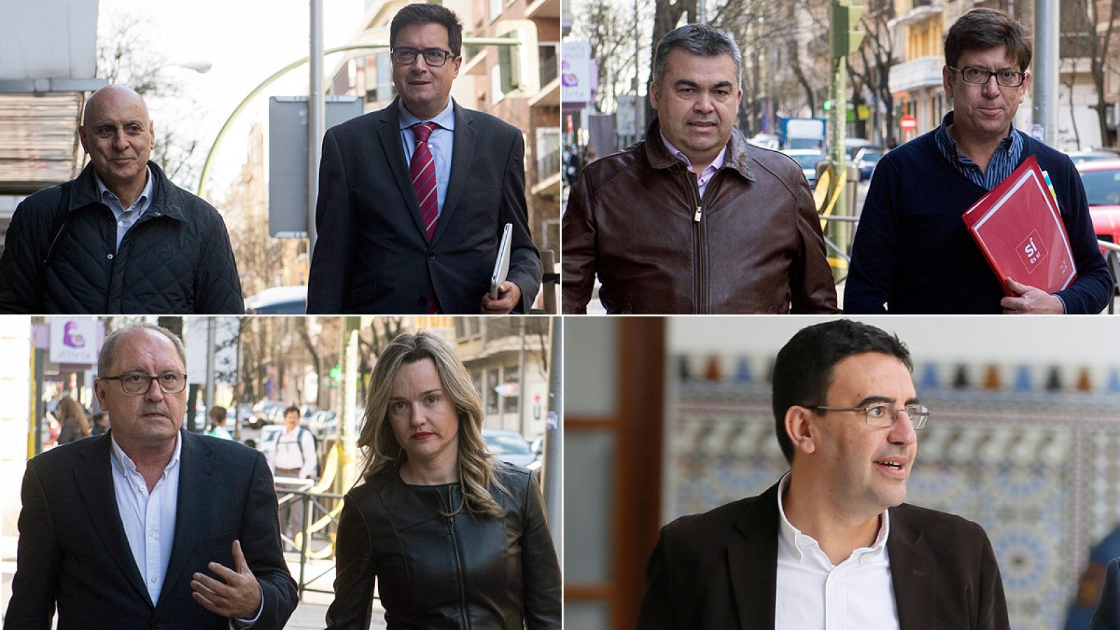 Los representantes de las candidaturas de Patxi López, Pedro Sánchez y Susana Díaz antes de la reunión con el portavoz de la gestora, Mario Jiménez.