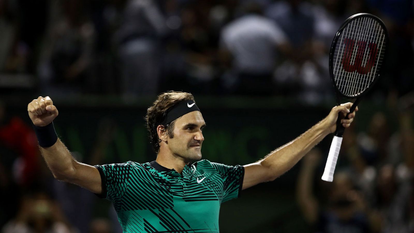 Federer celebra su victoria frente a Kyrgios en la semifinal del Master 1.000 de Miami 2017.