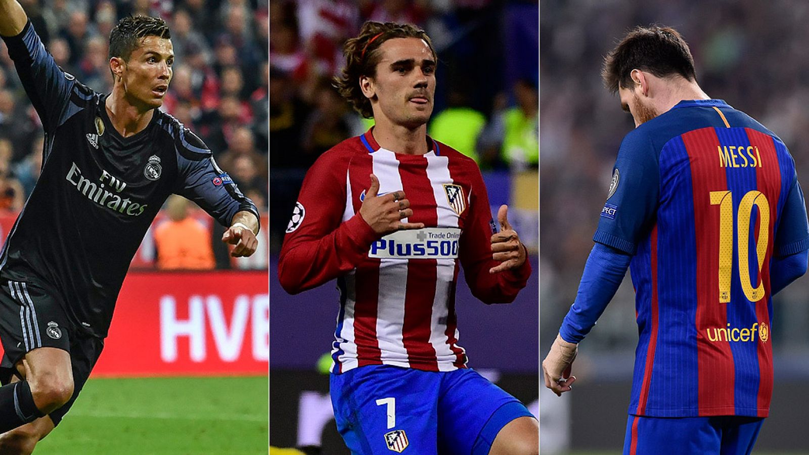 Cristiano, Griezmann y Messi, estrellas de Madrid, Atlético y Barça.