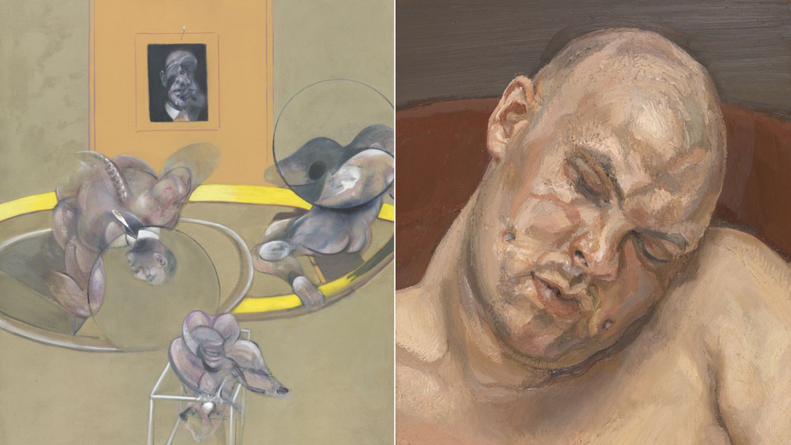 Detalle de 'Tres figuras y retrato' (1975), de Francis Bacon, y de 'Leigh Bowery', de Lucian Freud (1991).