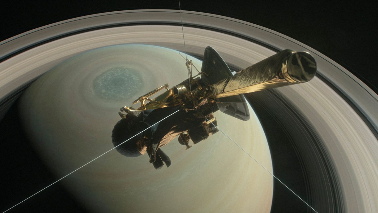 Ilustración de la NASA que muestra la sonda cassini sobre el hemisferio norte de Saturno
