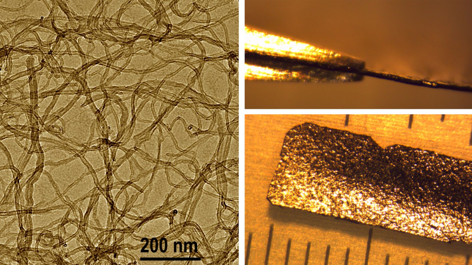 Material compuesto basado en el acetato de gadolinio y nanotubos de carbono. Derecha: vista a escala nanométrica a través de un microscopio electrónico de transmisión. Izquierda: vista de la lámina.