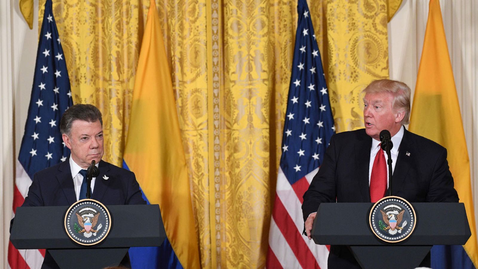 Trump durante la rueda de prensa que ha ofrecido junto al presidente de Colombia, Juan Manuel Santos, el jueves 18 de mayo de 2017 en la Casa Blanca.