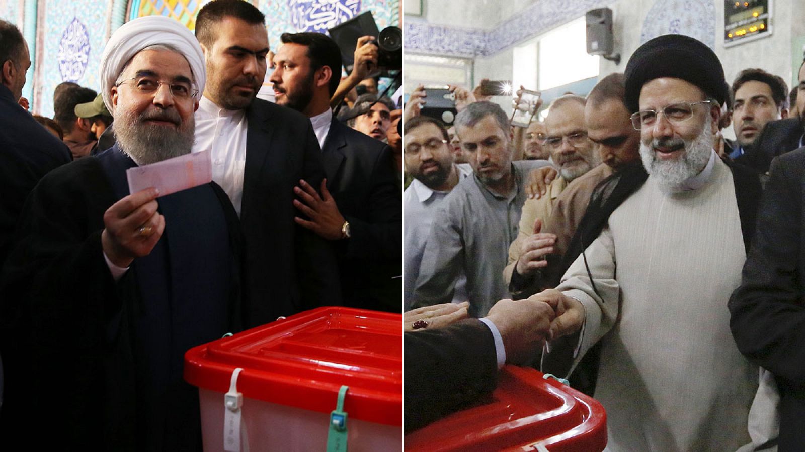 El presidente y candidato Hasan Rohaní (i) y su rival electoral, el clérigo Ebrahim Raisí, votan en Irán
