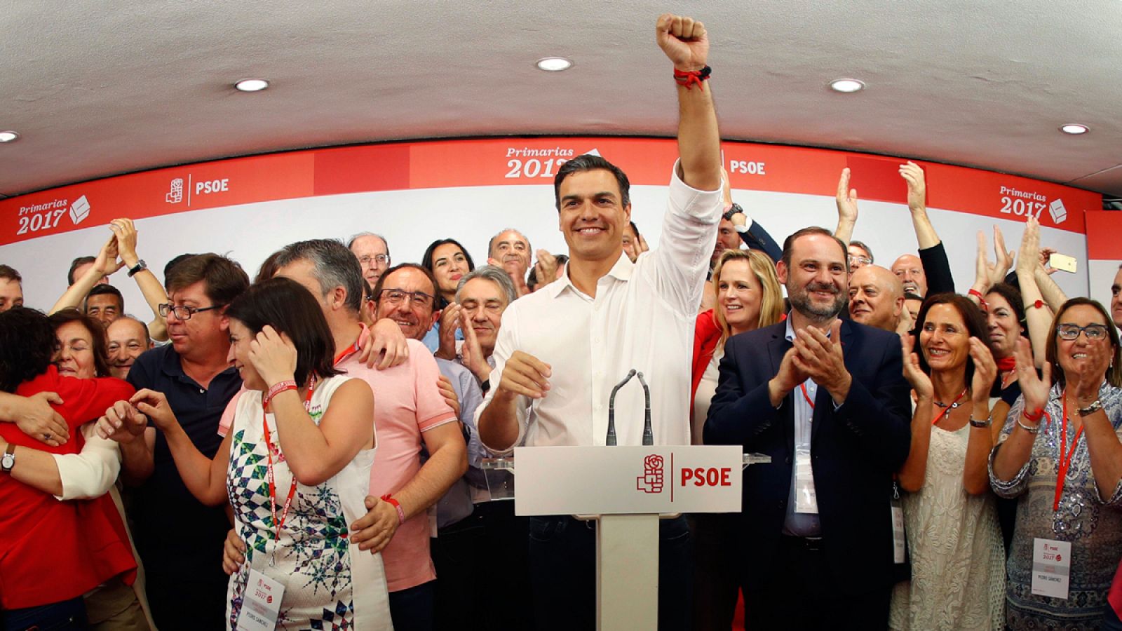 El vencedor de las primarias socialistas, Pedro Sánchez, comparece en Ferraz tras conocerse los resultados a la Secretaría General del PSOE
