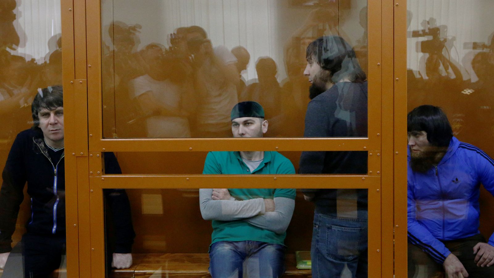 Los presuntos asesinos de Boris Nemtsov, Eskerkhanov, Gubashev, Dadayev y Gubashev, ante el tribunal en Moscú