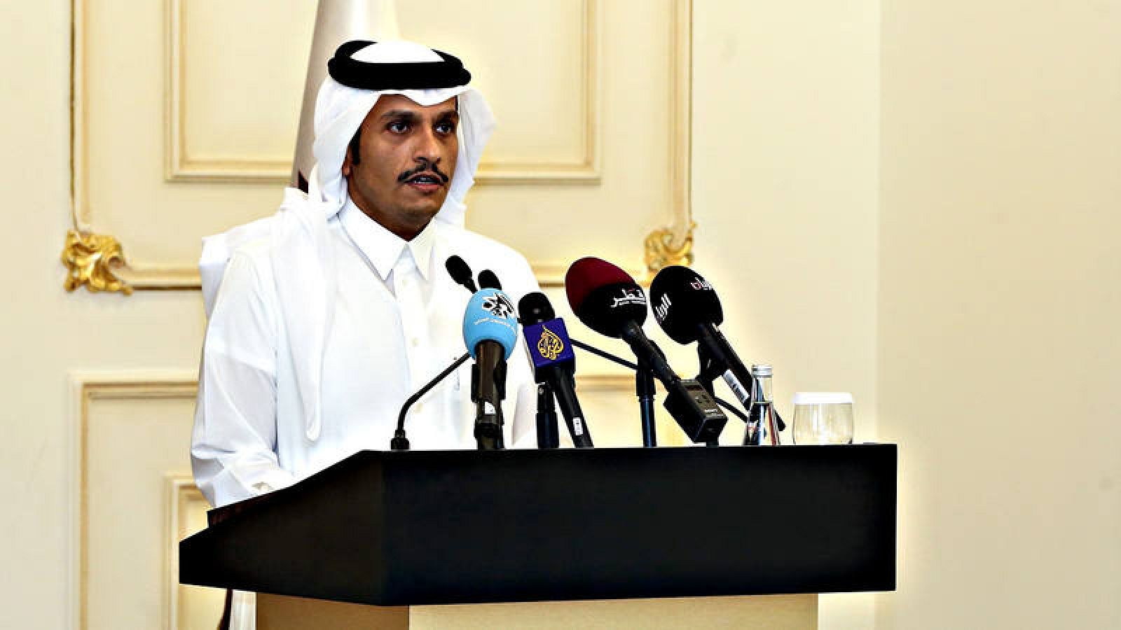 El ministro catarí de Exteriores, Mohammed bin Abdulrahman al-Thani. en una rueda de prensa