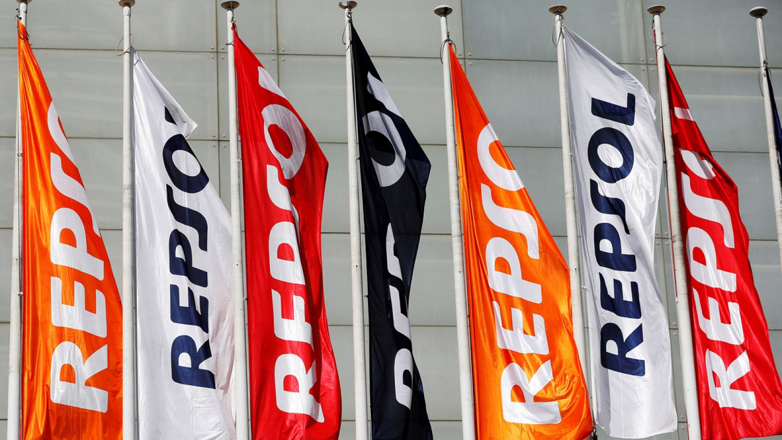 FILE PHOTO: Repsol flags are seen at a conference hall during the company's annual shareholders meeting in Madrid