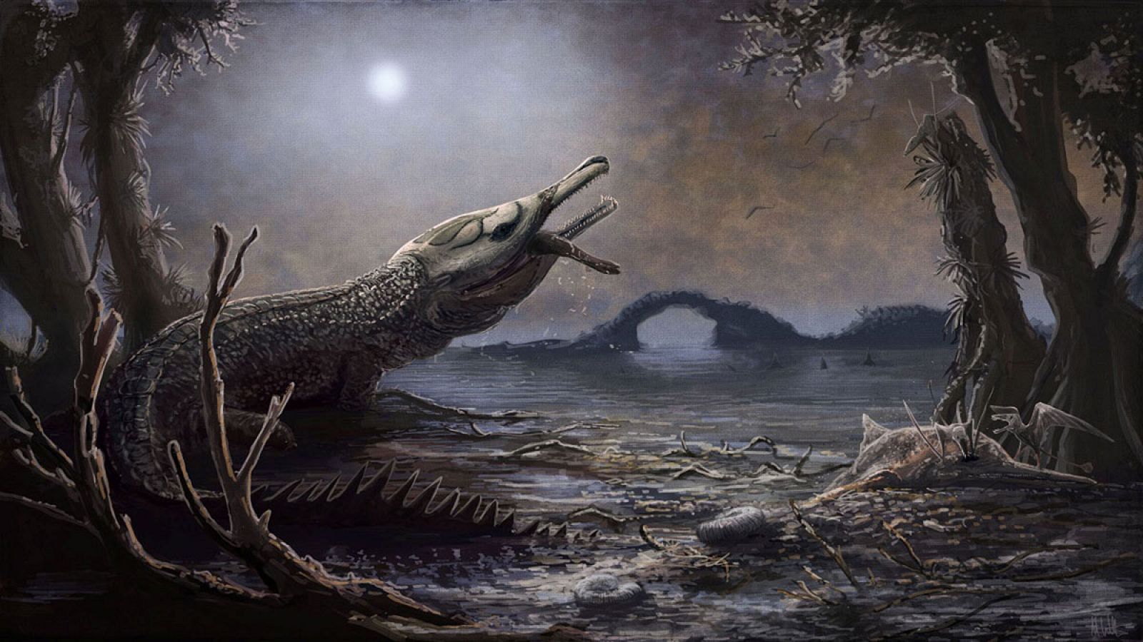 Recreación del Lemmysuchus, el cocodrilo prehistórico bautizado con el nombre del líder de Motörhead