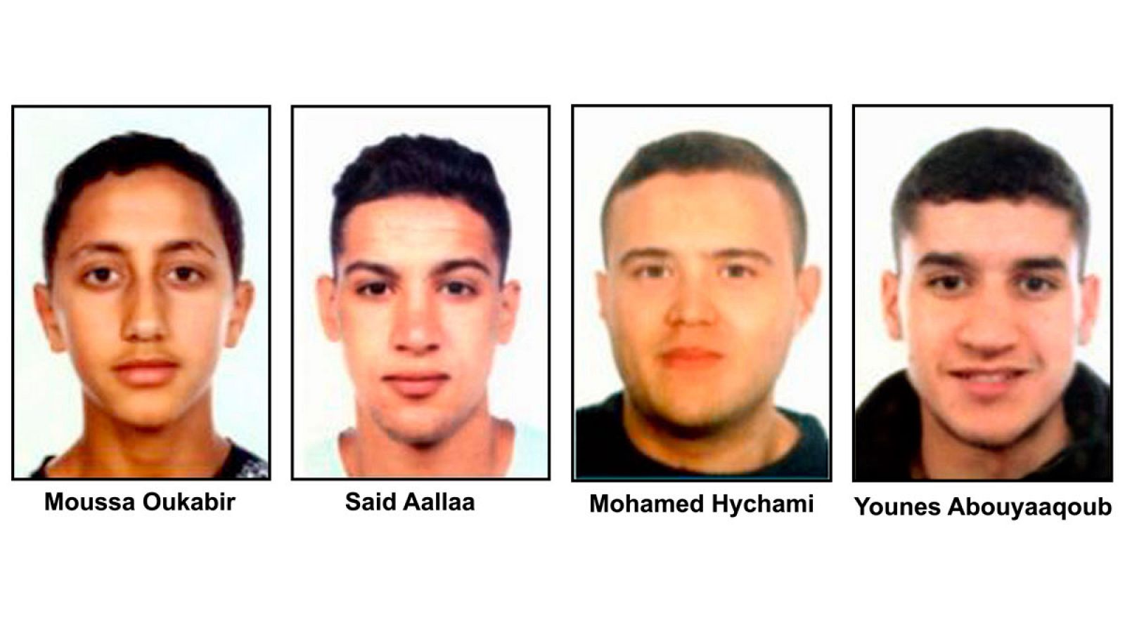 Los cuatro presuntos terroristas de Cataluña buscados, de izquierda a derecha: Moussa Oukabir, Said Aallaa, Mohamed Hychami y Younes Abauyaaqoub