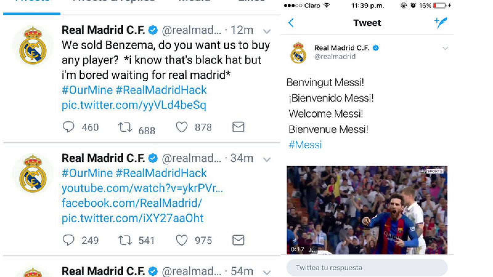 Imagen de los tuits ya borrados de la cuenta del Real Madrid, sobre la venta de Benzema y el fichaje de Messi,