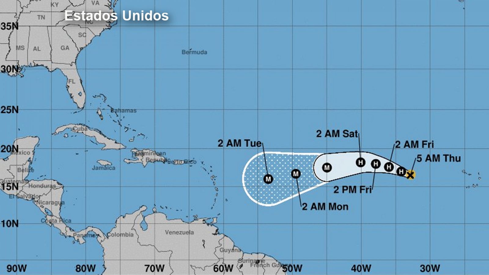 Previsión de la trayectoria de Irma desde este jueves hasta el martes