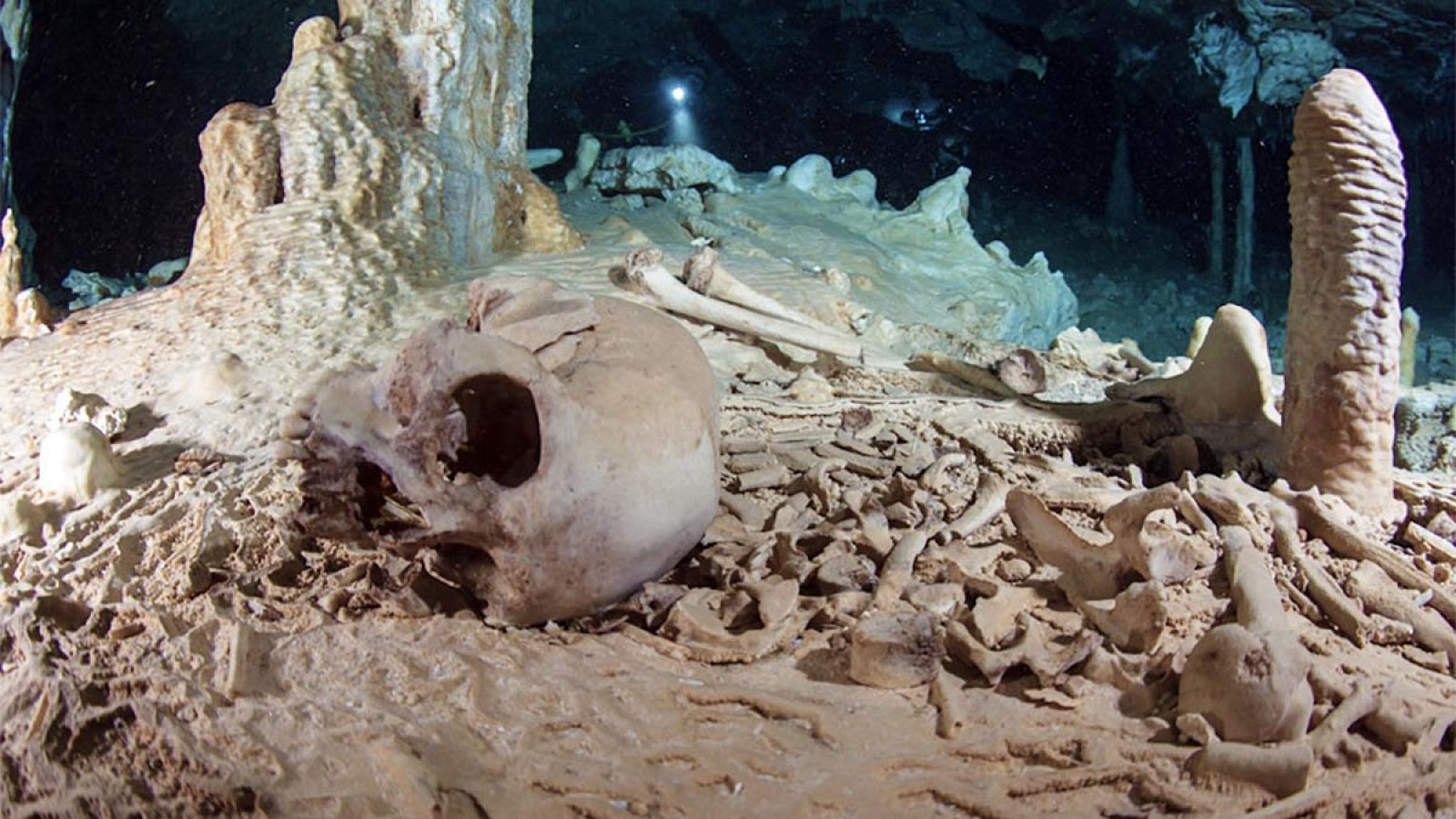 Restos óseos hallados en la cueva sumergida de Chan Hol.
