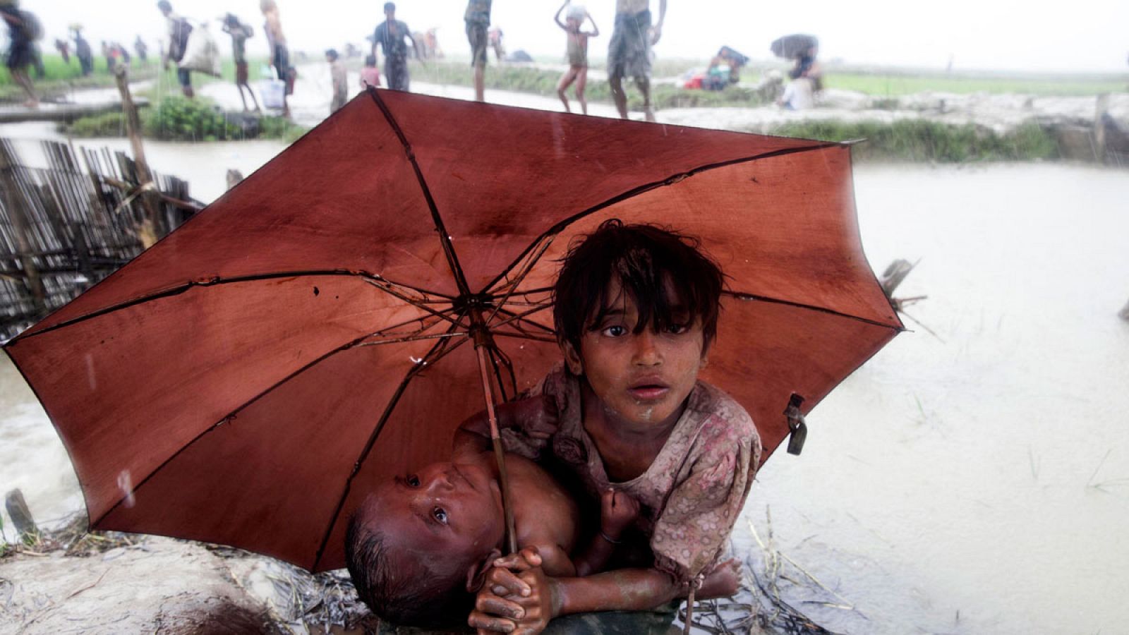 Un niño de la etnia musulmana rohinyá protege a su hermana pequeña de la lluvia en Teknaf (Bangladesh).