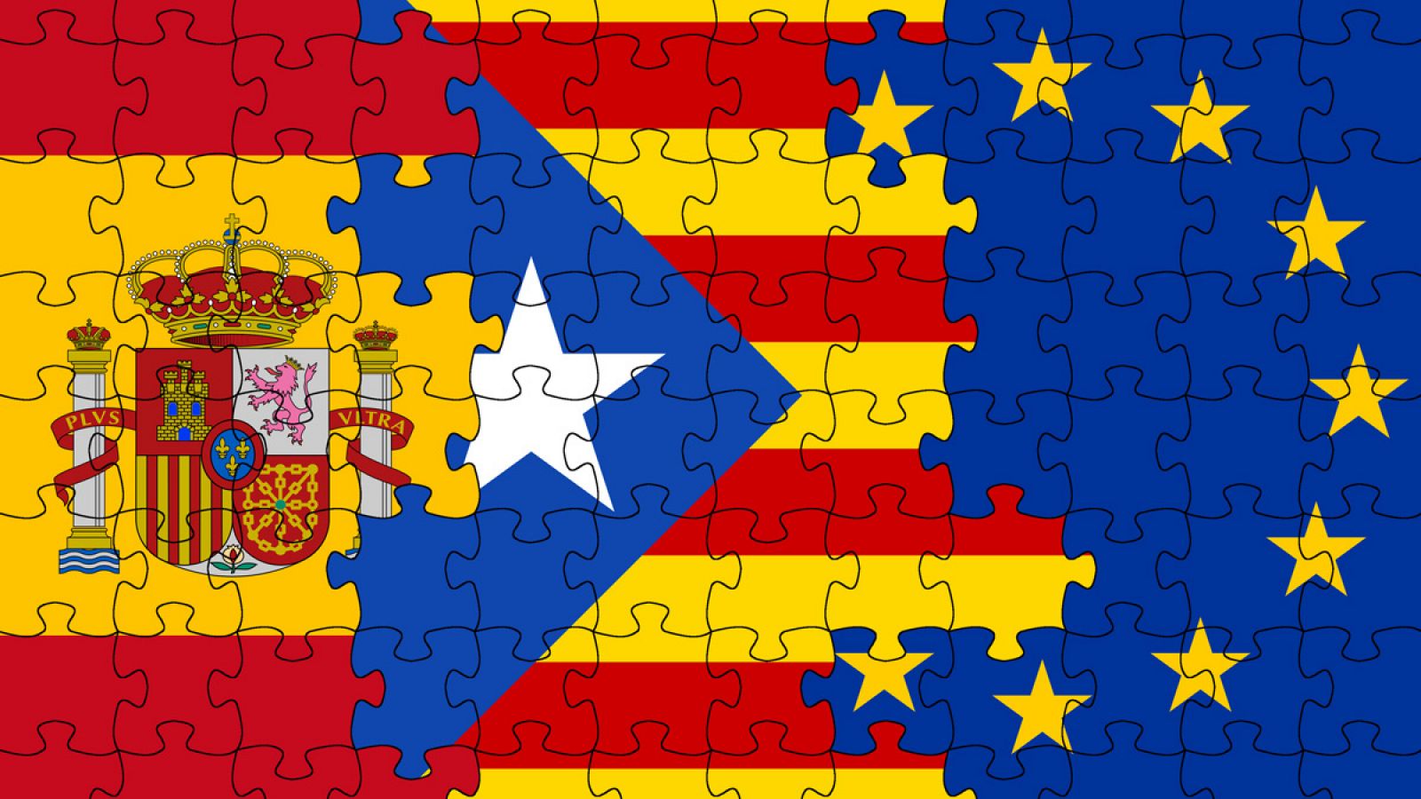 Un puzle con las banderas de España, Cataluña y la Unión Europea