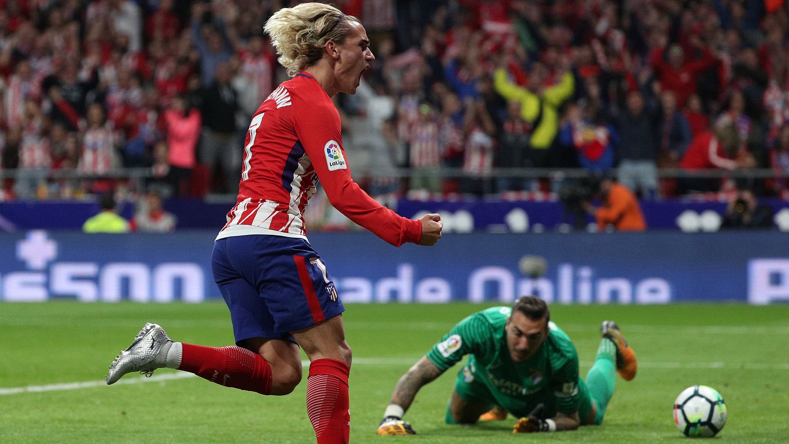 Griezmann celebra el gol de la victoria frente al Málaga.