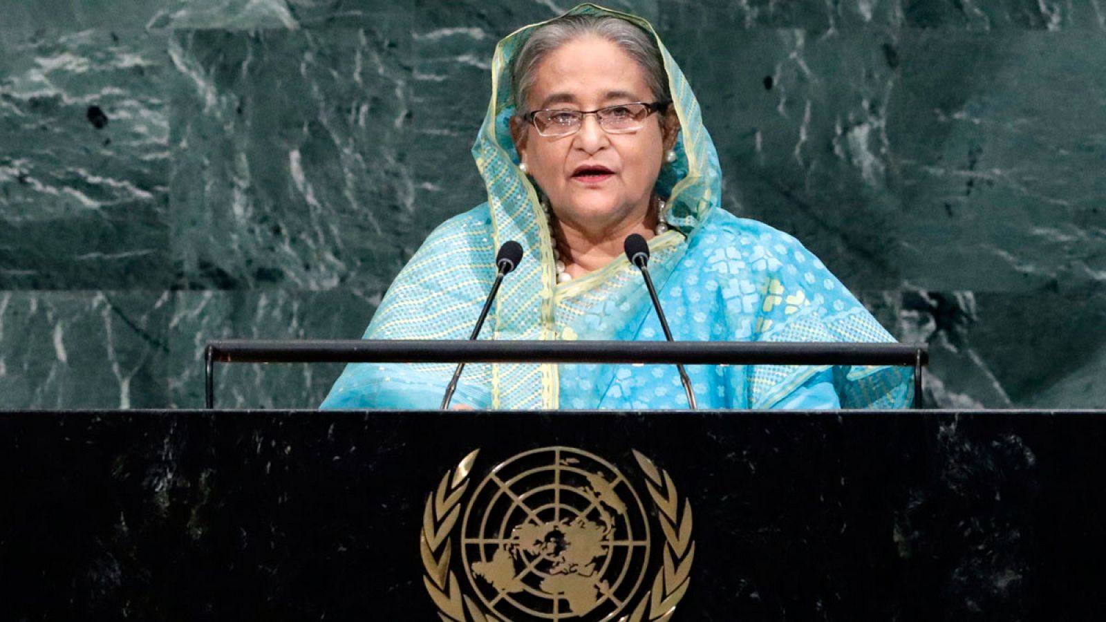 La primera ministra de Bangladesh, Sheikh Hasina, durante su discurso en el debate de alto nivel de la 72 Asamblea General de Naciones Unidas.