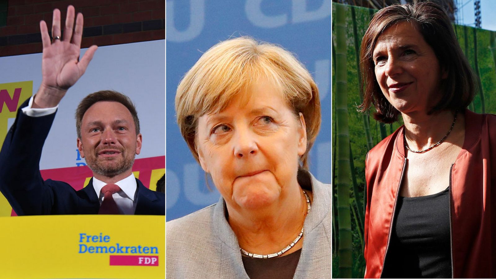 De izquierda a derecha: Christin Lindner (FDP); Angela Merkel; Katrin Göring-Eckardt (Los Verdes)