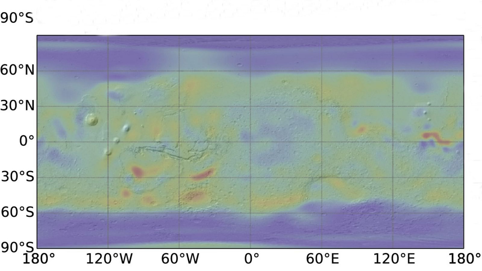 Mapa de las reservas de hielo en Marte