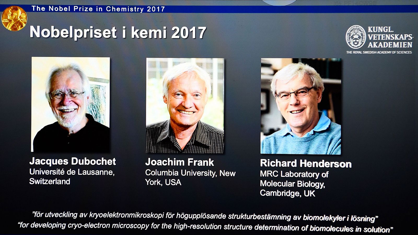 Dubochet, Frank y Henderson, Nobel de Química 2017 por sus estudios con biomoléculas