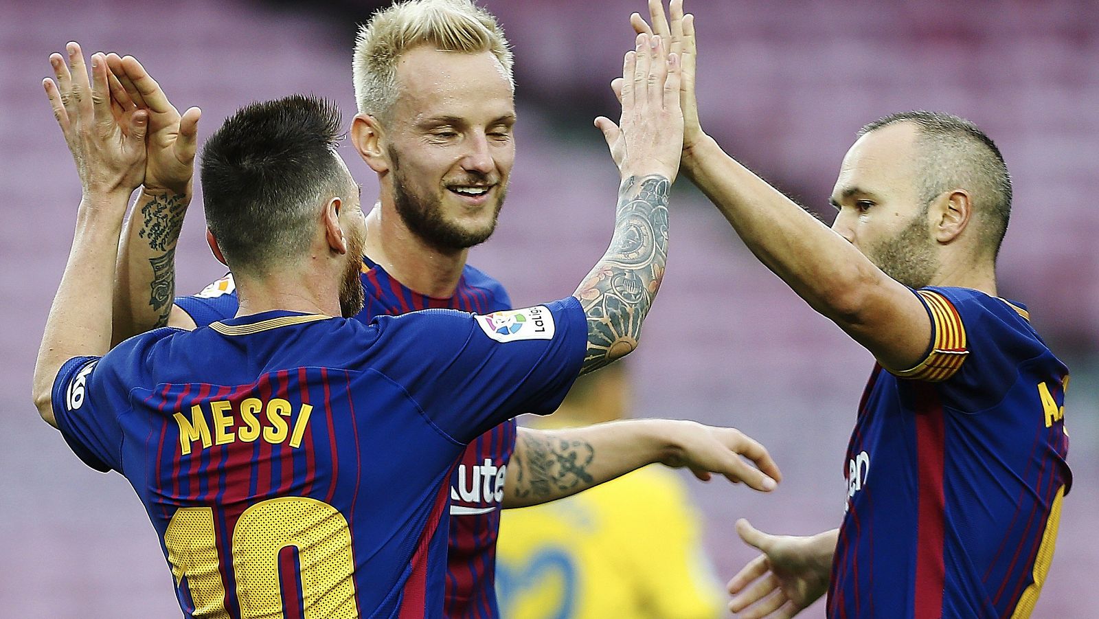 Leo Messi, Ivan Rakitic y Andrés Iniesta, en el pasado Barcelona - Las Palmas previo al parón.