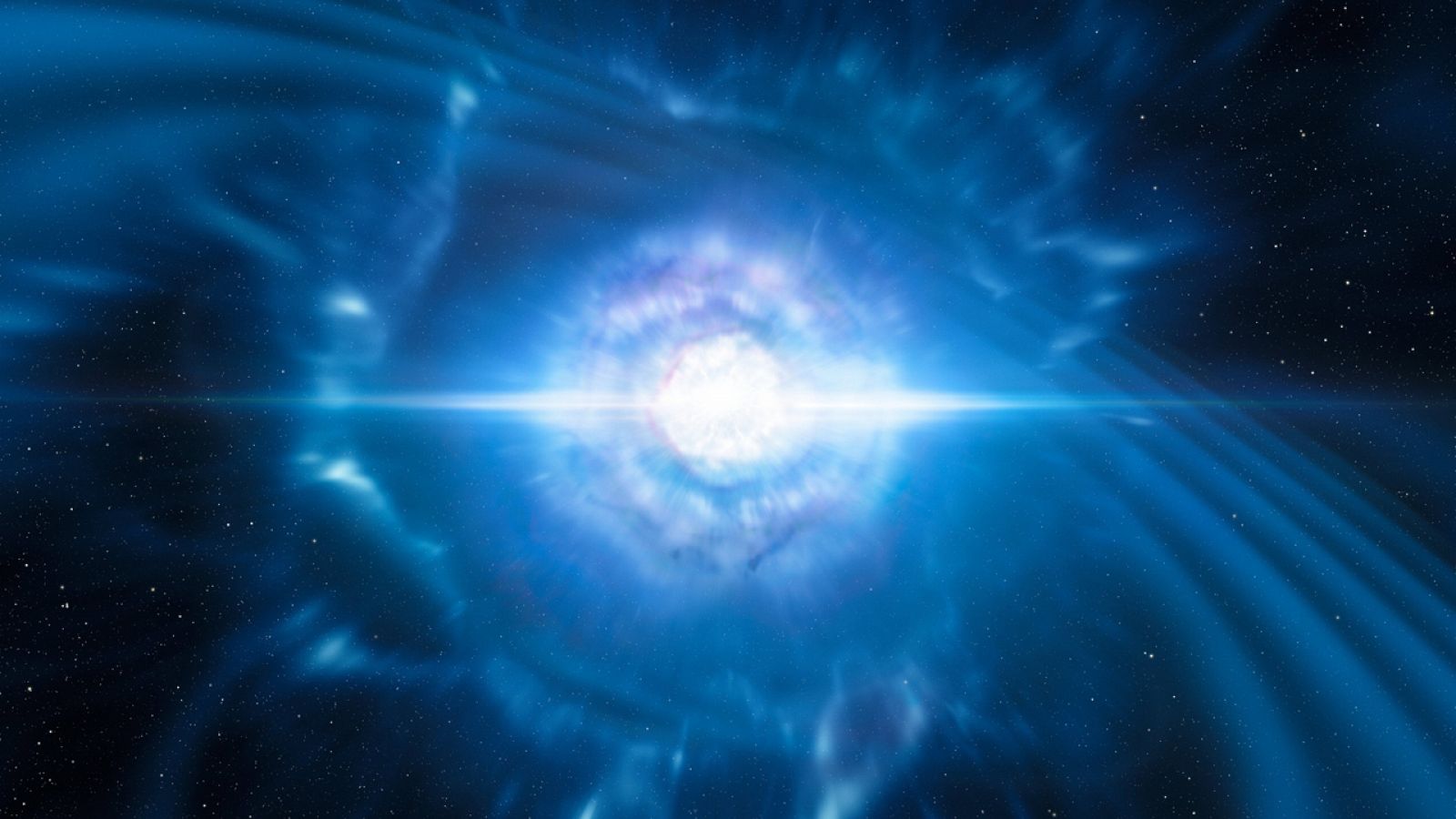 Recreación de dos estrellas de neutrones en el momento en que explotan formando una kilonova