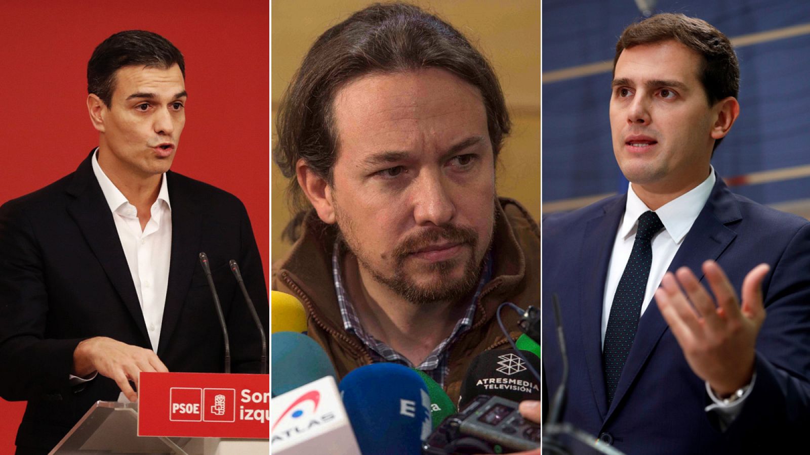 Los líderes de PSOE, Podemos y Ciudadanos, Pedro Sánchez, Pablo Iglesias y Albert Rivera