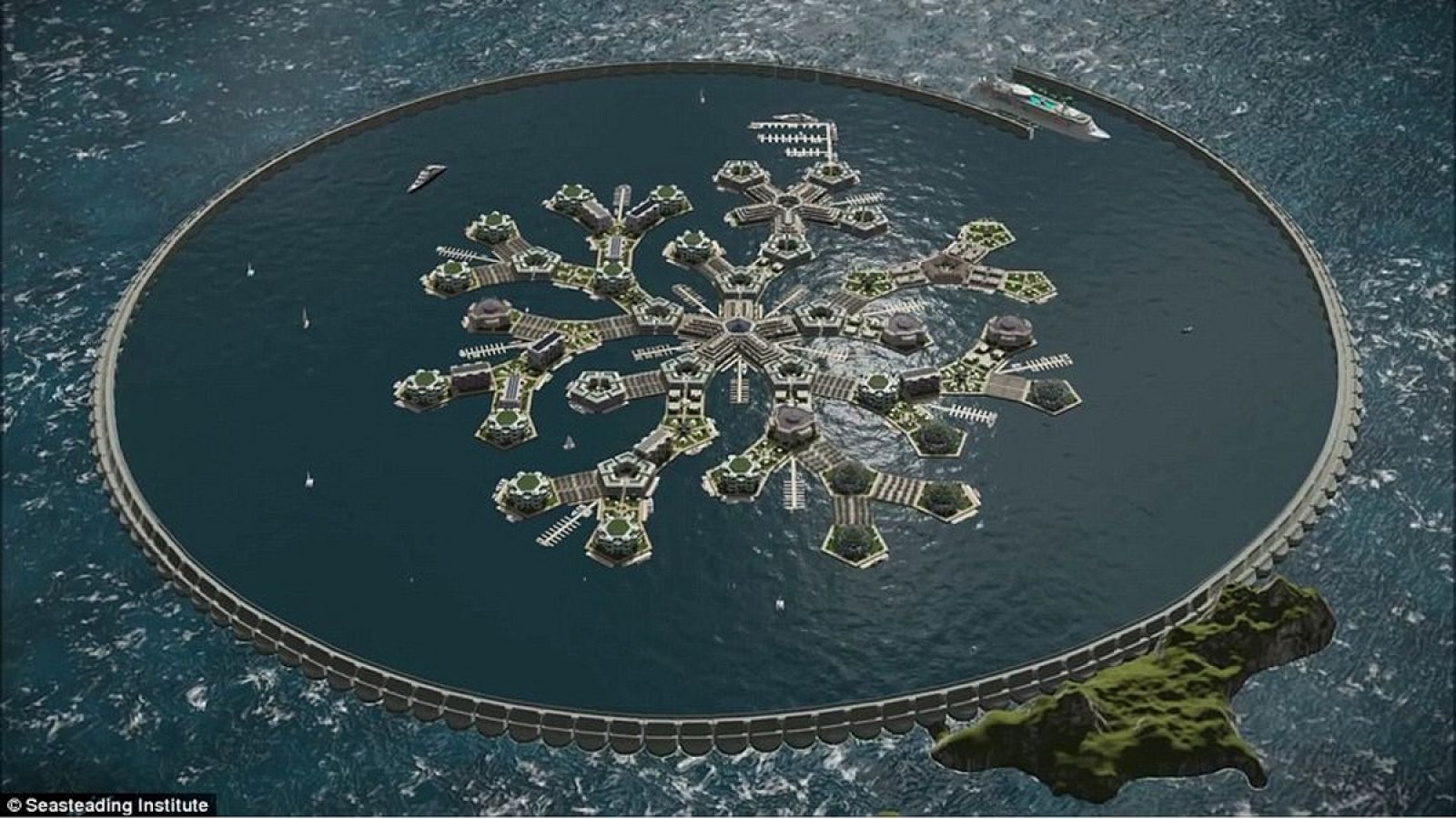 Impresión artistica de la que podría ser la primera ciudad flotante del mundo, sobre aguas de Tahití en 2020