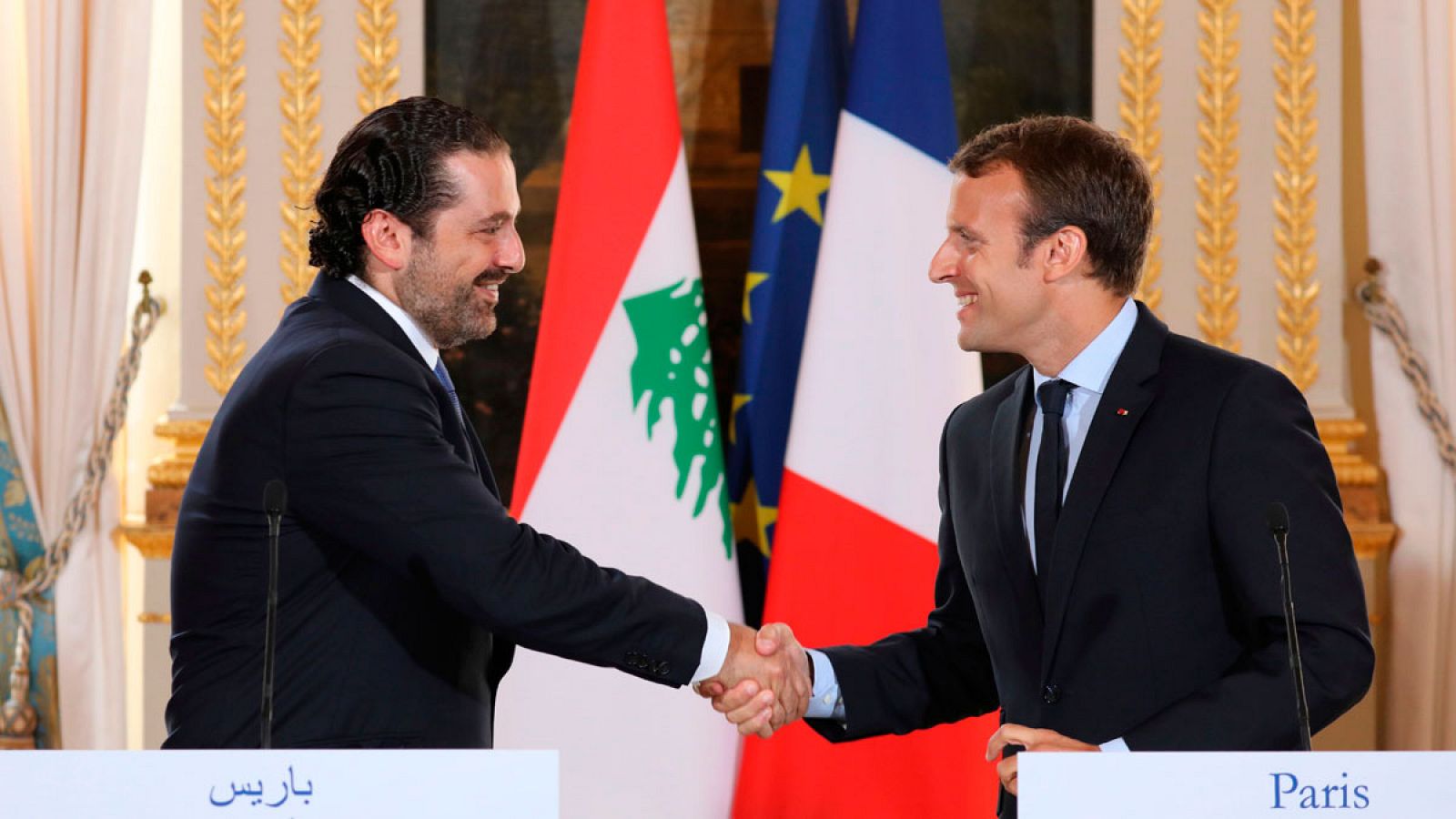 El primer ministro libanés, Saad Hariri, y el presidente francés, Emmanuel Macron, durante una visita del primero a Francia