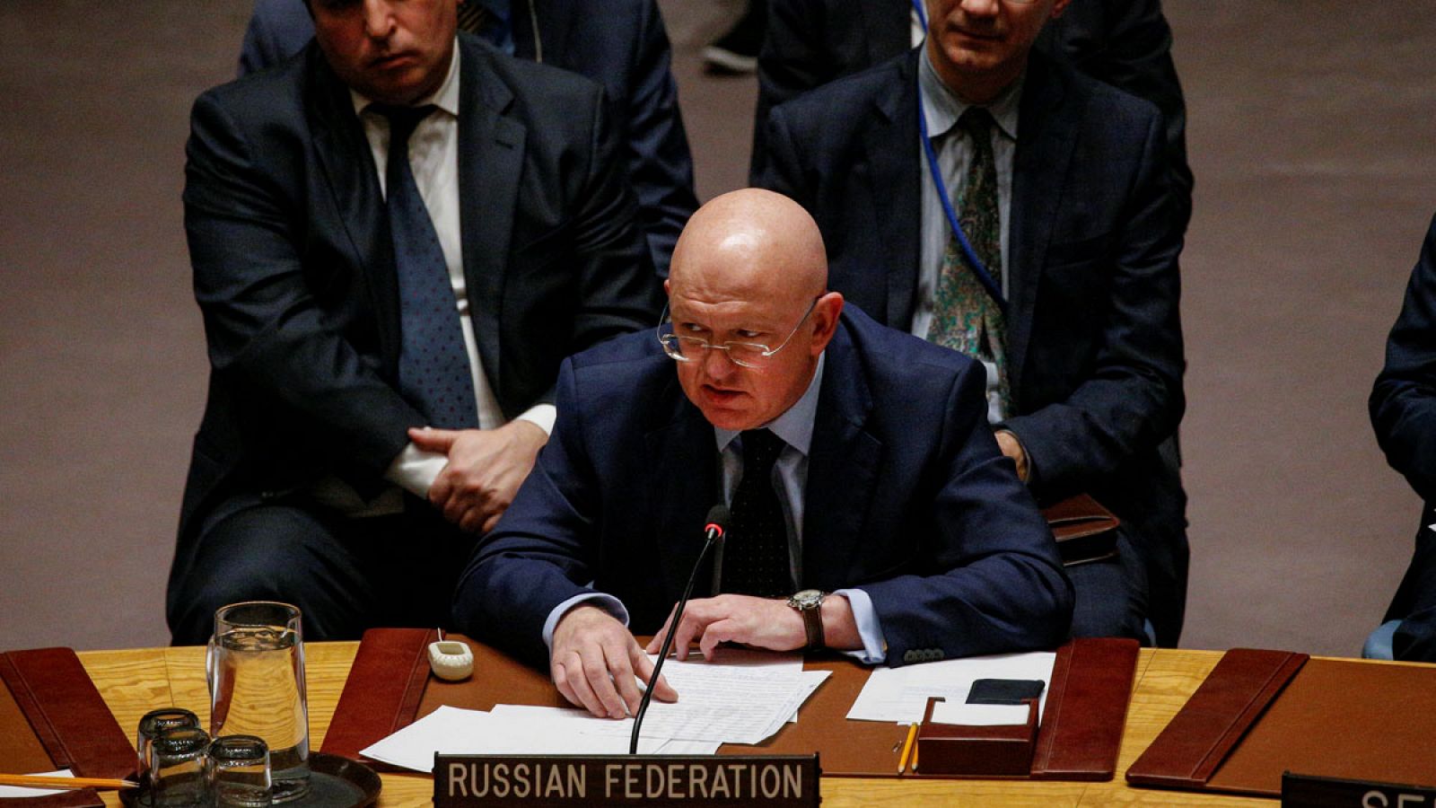 El embajador ruso ante la ONU, Vasili Nebenzia, durante la sesión del Consejo de Seguridad del viernes 17 de noviembre de 2017.