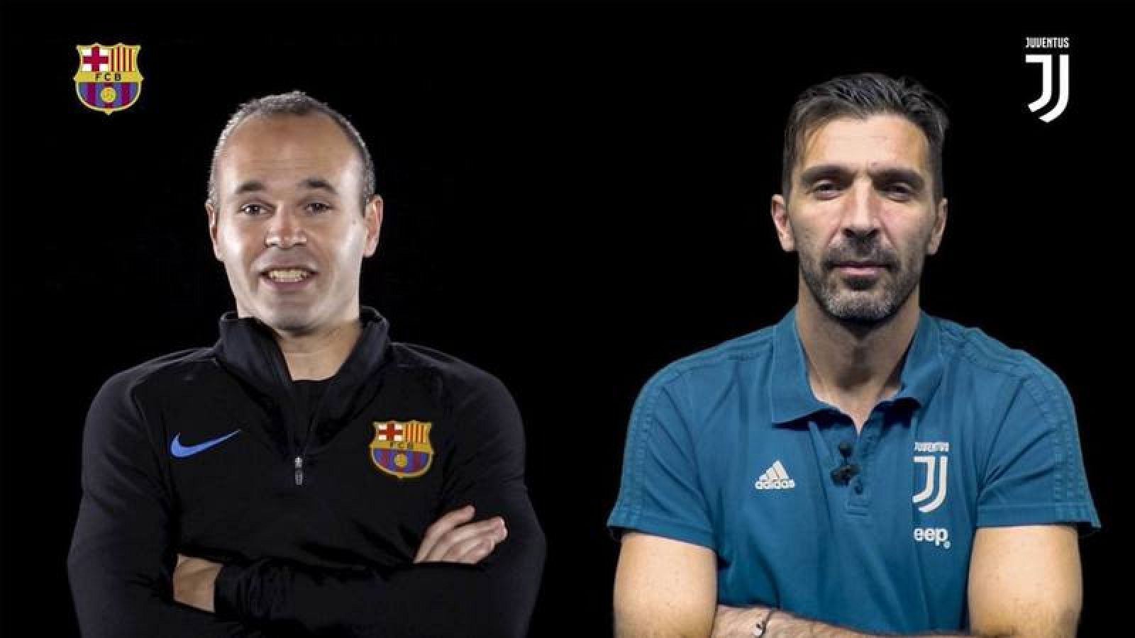 Imagen del cara a cara virtual organizado por el Barça, entre Iniesta y Buffon.