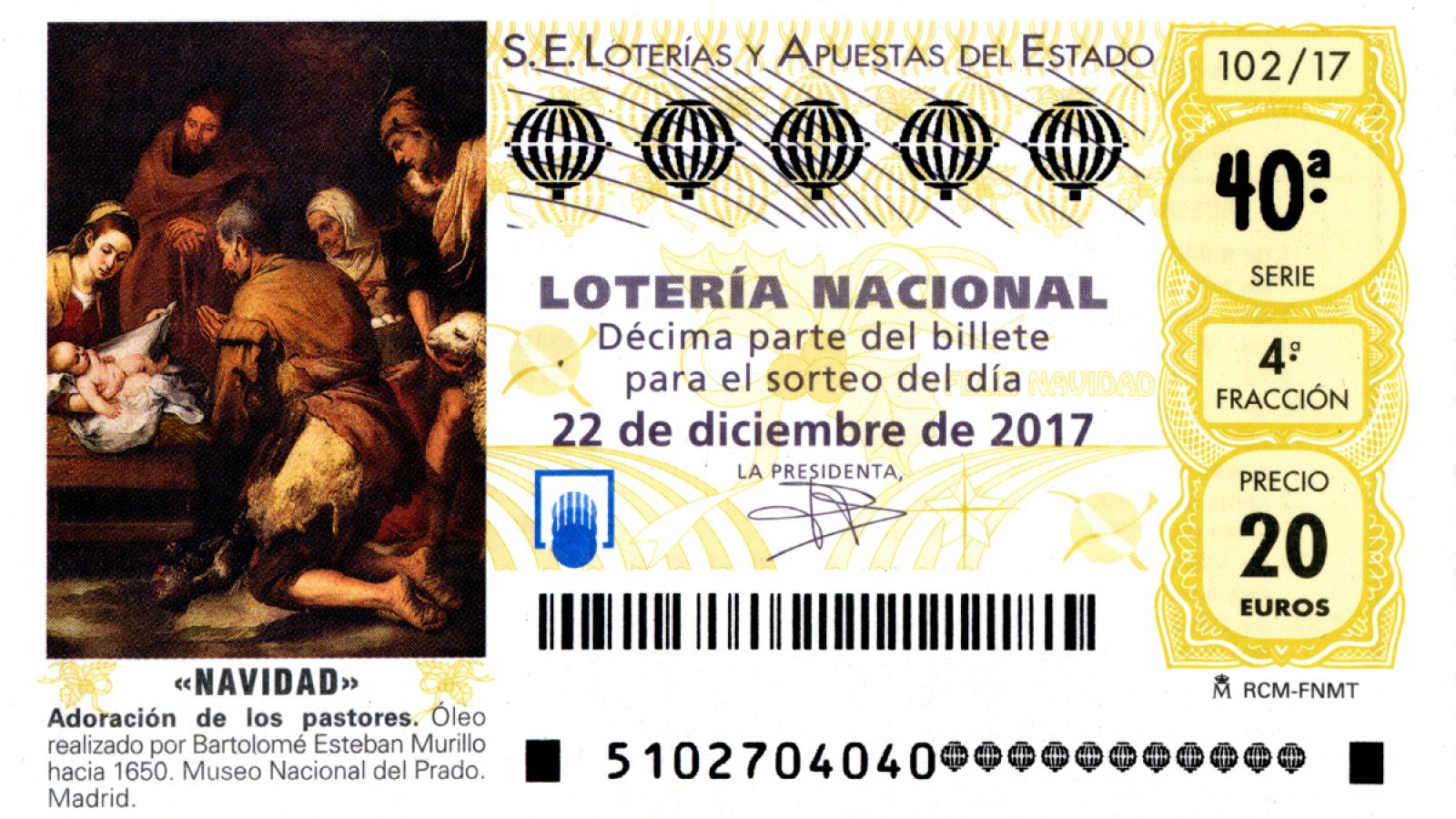 Decimo de Lotería de Navidad de 2017 con la obra de Murillo | Lotería de Navidad 2021