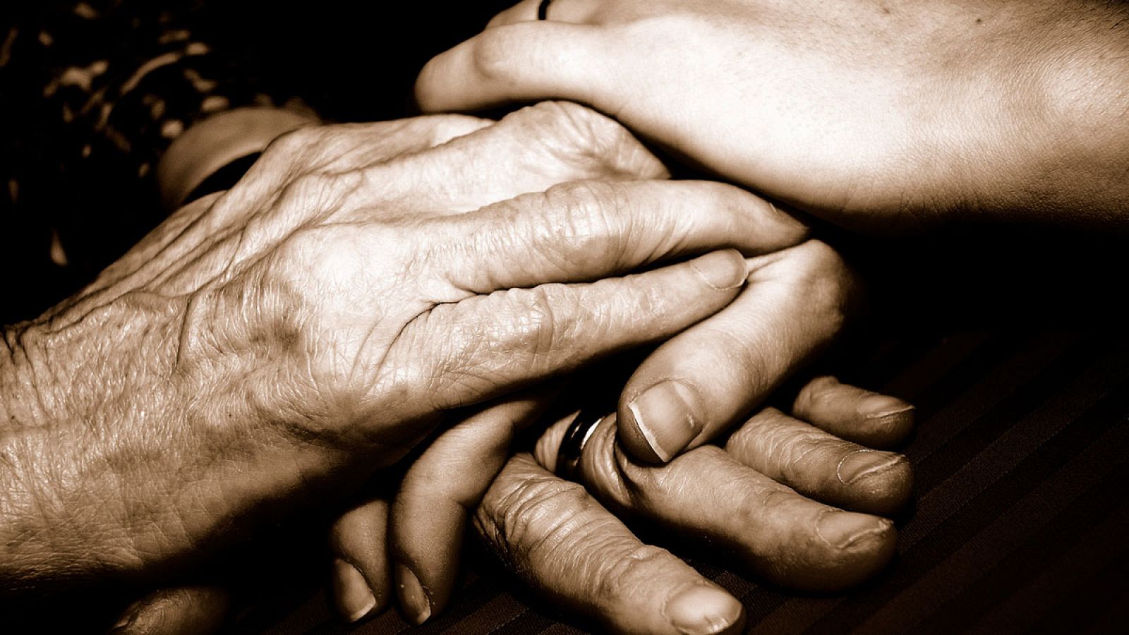 Imagen de unas manos jóvenes que abrazan otras ancianas