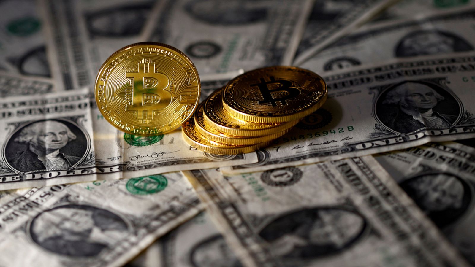 Fichas de bitcoin junto a billetes de dólar