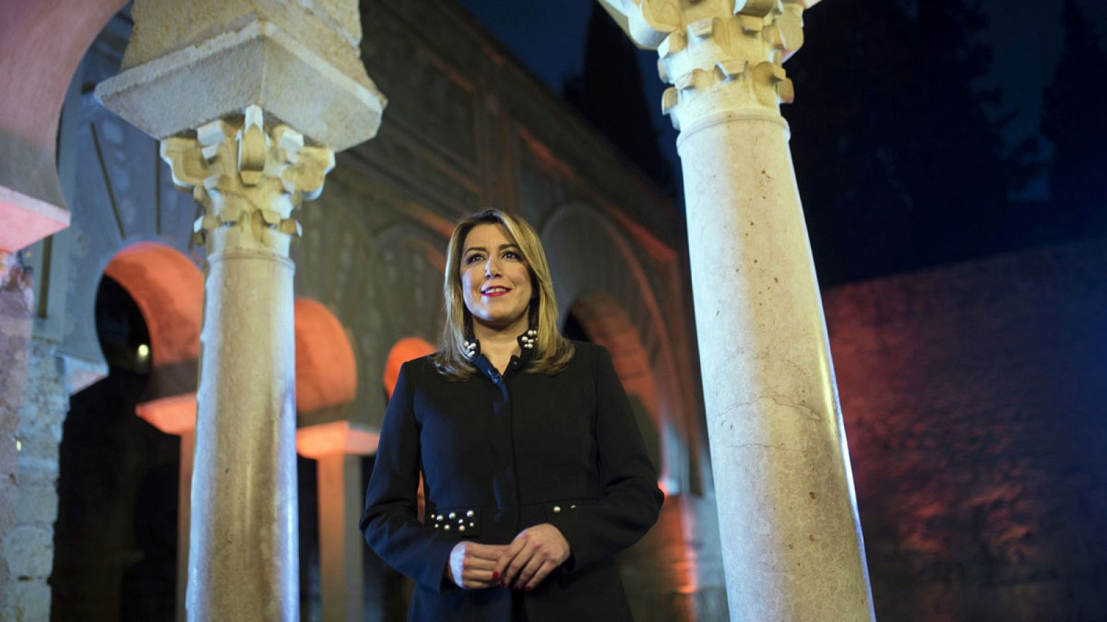 La presidenta de la Junta de Andalucía, Susana Díaz, durante su tradicional mensaje de Fin de Año a los andaluces, en esta ocasión desde la ciudad califal de Medina Azahara, en Córdoba.