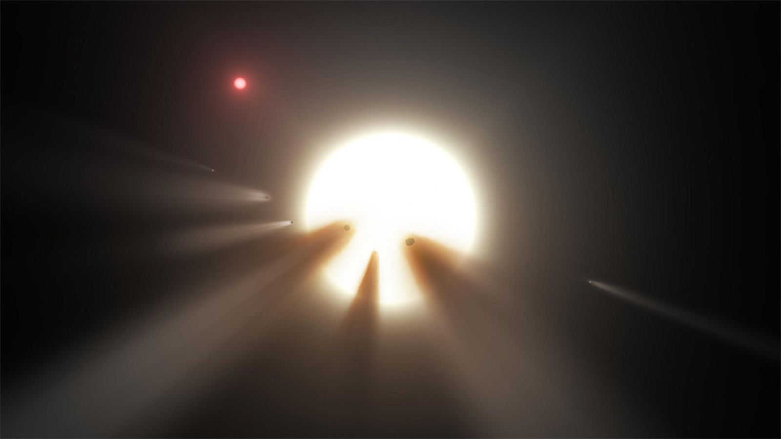 Representación artística de cómo cometas pueden interferir en la luz de una estrella.