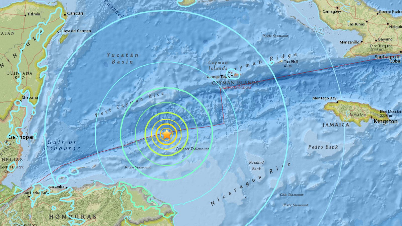 Epicentro del terremoto de magnitud 7,6 que ha sacudido el Mar Caribe, según los mapas del Servicio Geológico de EE.UU.