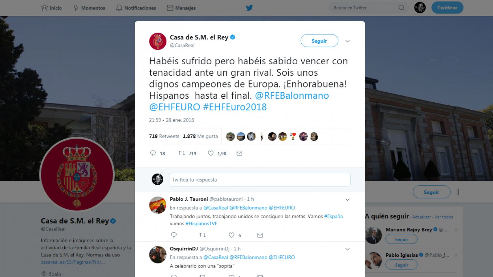 Imagen del tuit de la Casa Real felicitando a la selección española