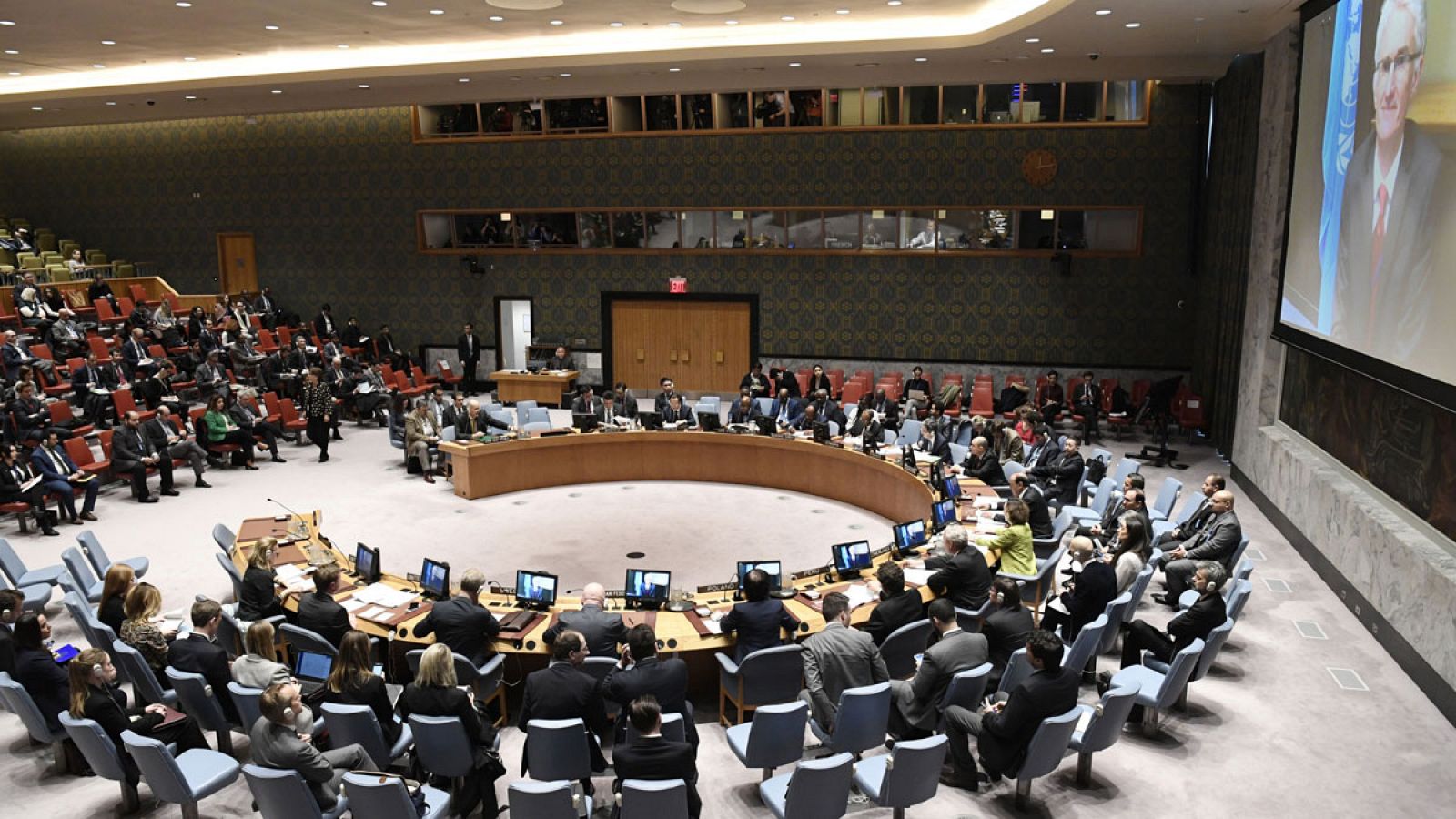Fotografía cedida por la Organización de Naciones Unidas que muestra la reunión del Consejo de Seguridad sobre la situación en Siria de este jueves, 22 de febrero de 2018.