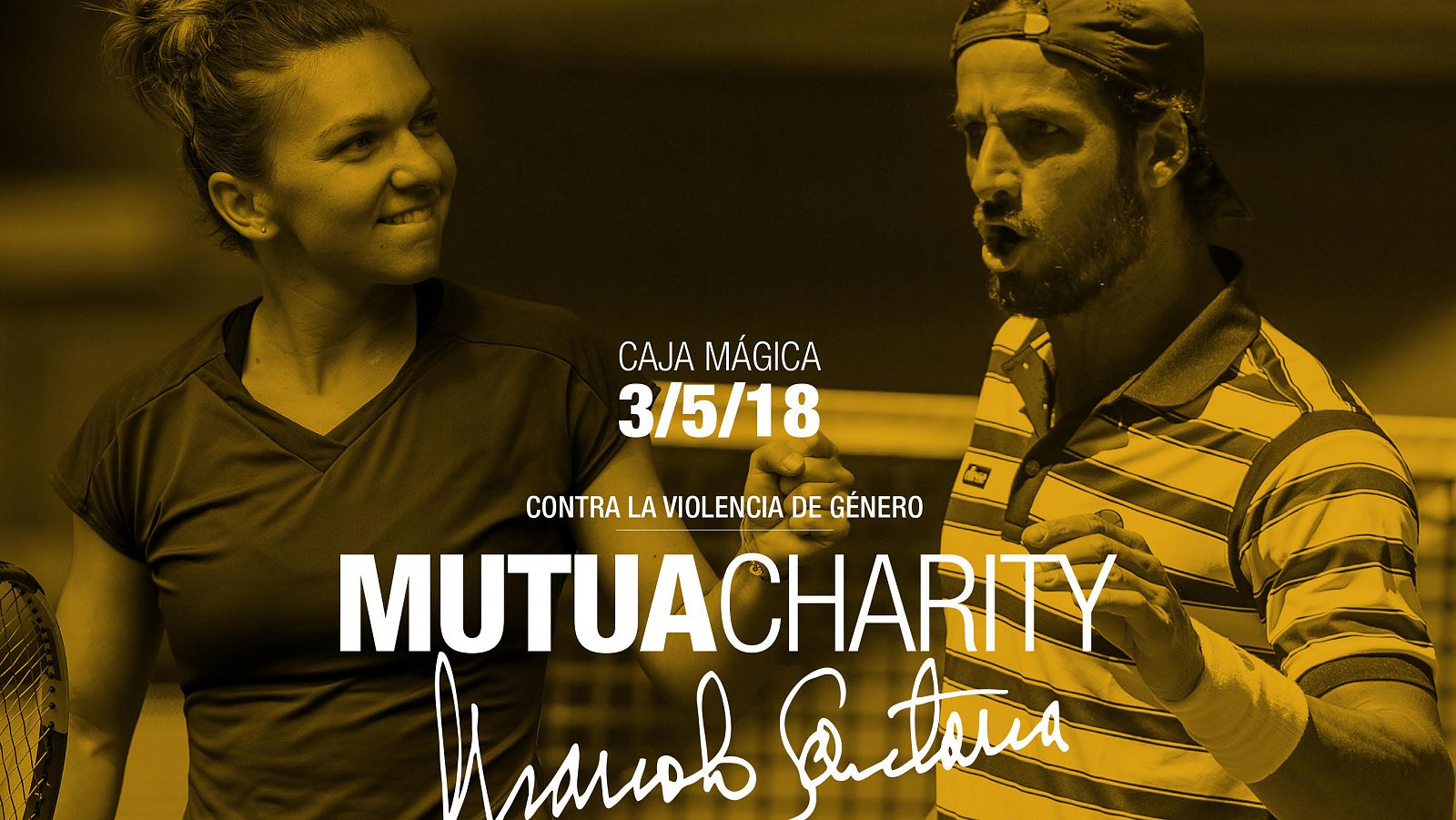 Logo del torneo benéfico Mutua Charity Manolo Santana, con Feliciano López y Simona Halep.