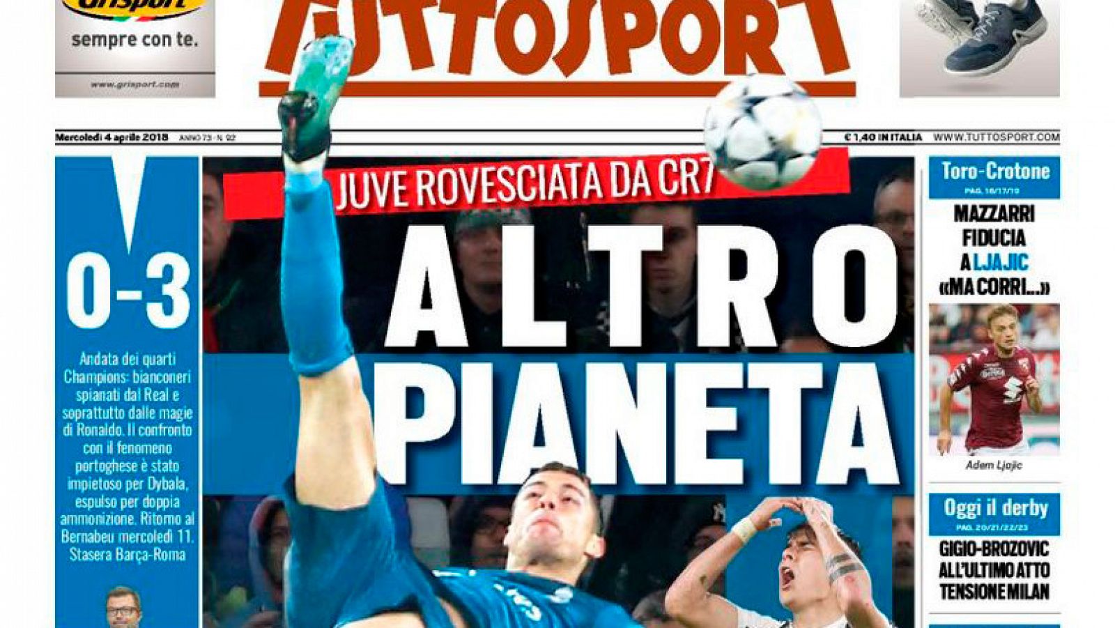 La prensa italiana agota los calificativos con el gol de Cristiano.