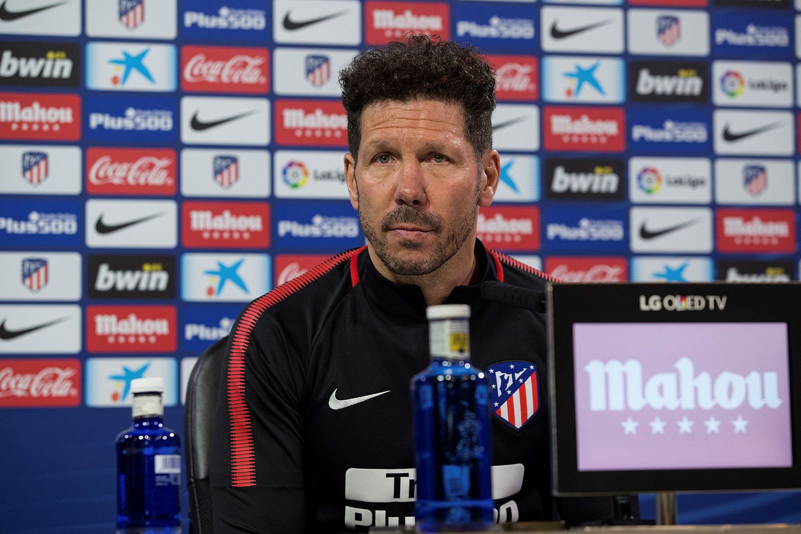 El entrenador argentino del Atlético de Madrid, Diego Simeone, durante la rueda de prensa.