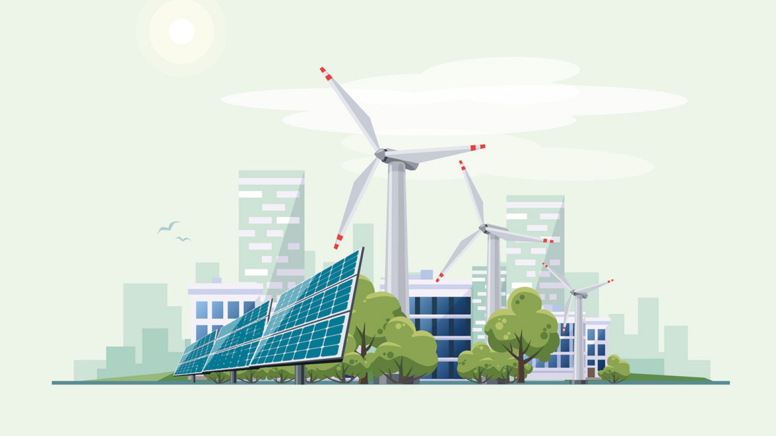 Ilustración de una ciudad con energías renovables