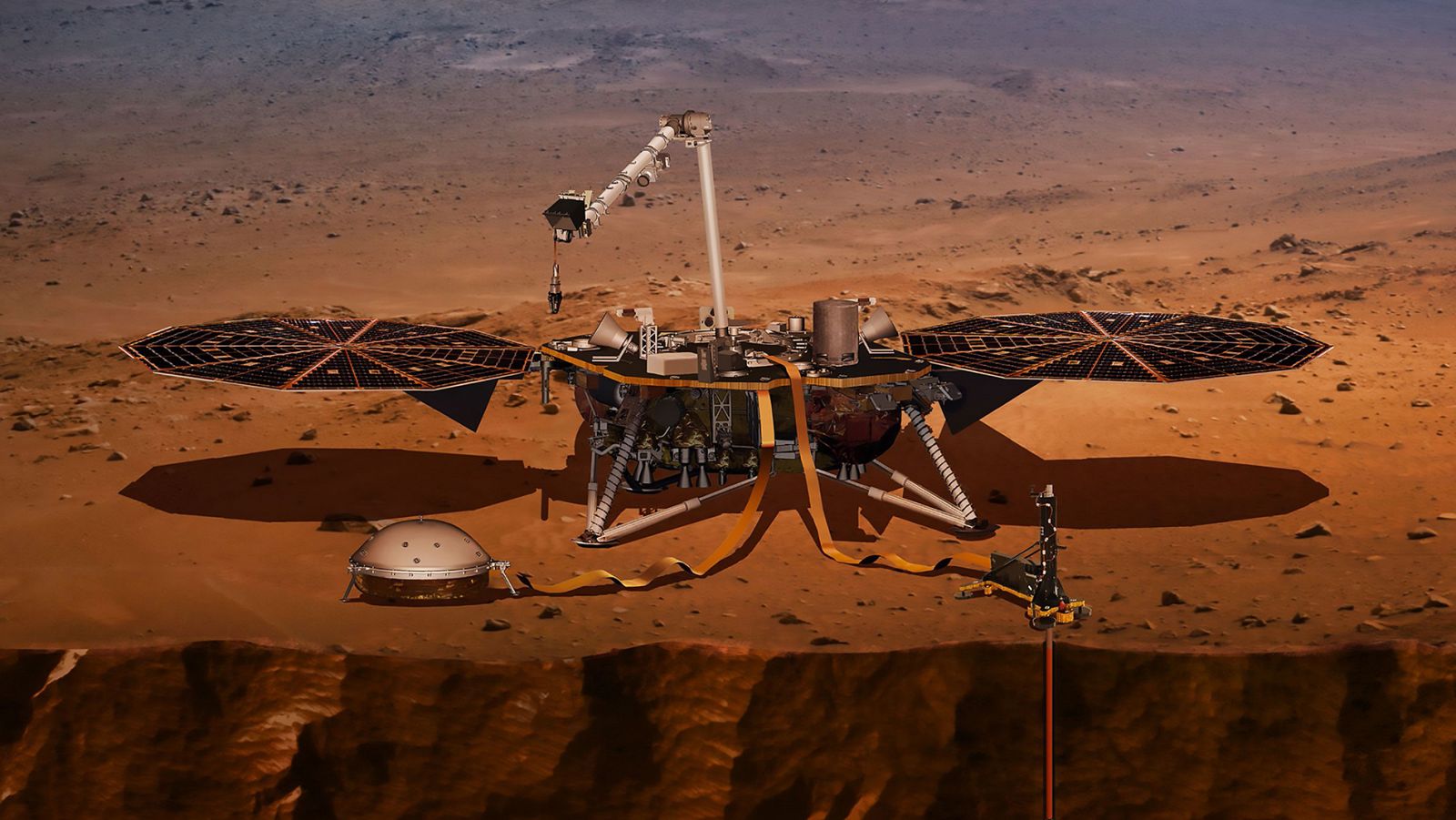 Ilustración facilitada por la NASA de la tecnología de la misión InSight en Marte