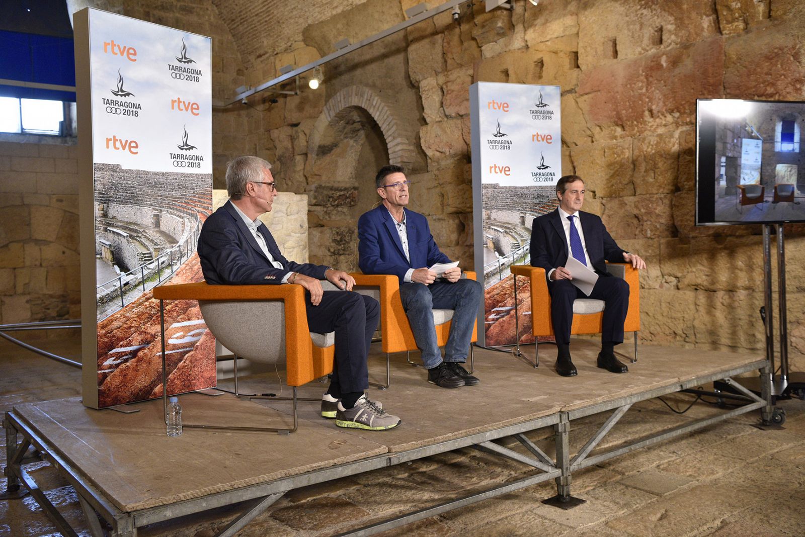 Josep Félix Ballesteros, Xavi Díaz y Eladio Jareño durante la presentación de la cobertura de RTVE de los Juegos del Mediterráneo