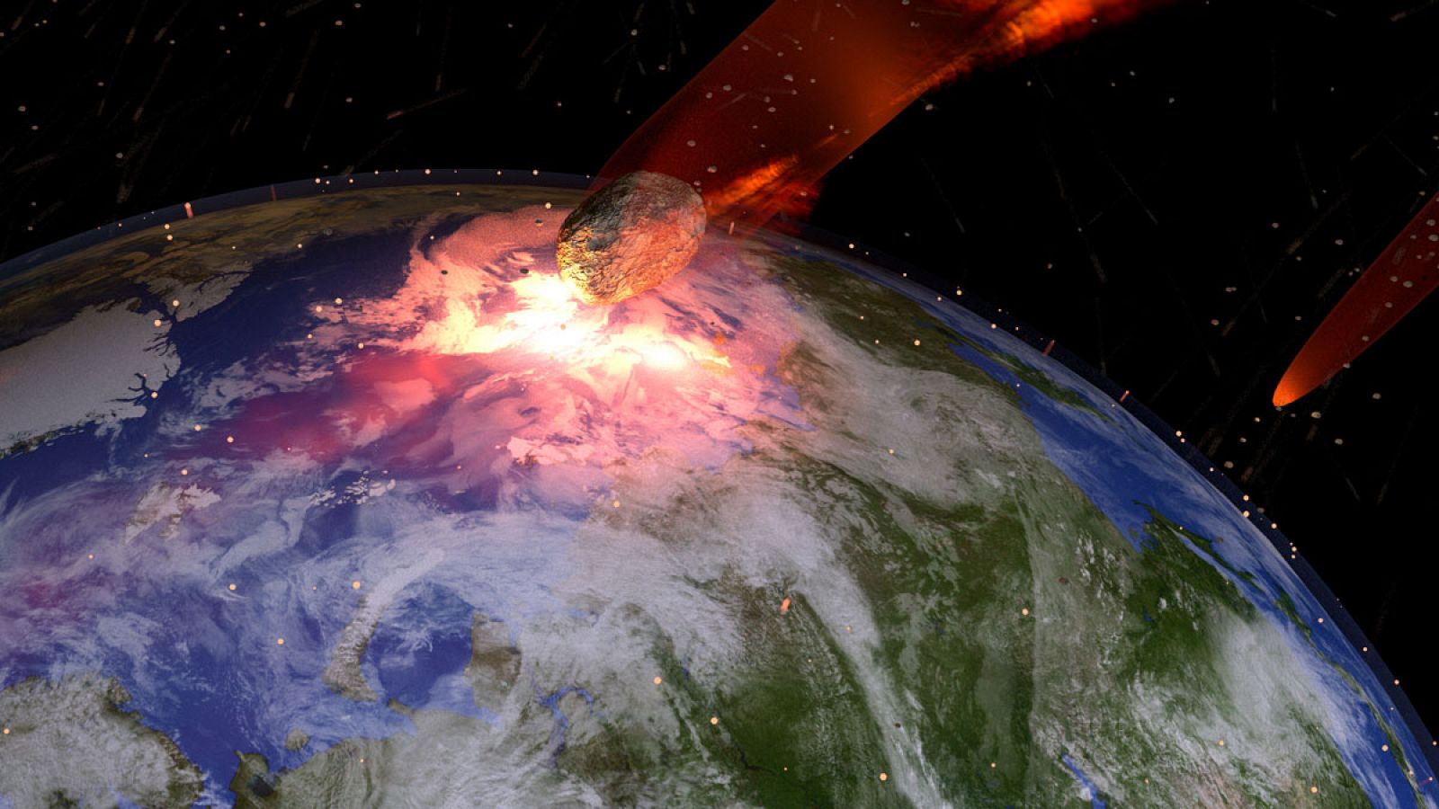 Representación artística de un meteorito impactando contra el planeta Tierra.