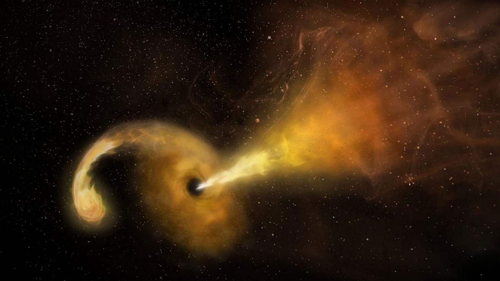 Representación del chorro de material expulsado por un agujero negro supermasivo tras destruir una estrella.