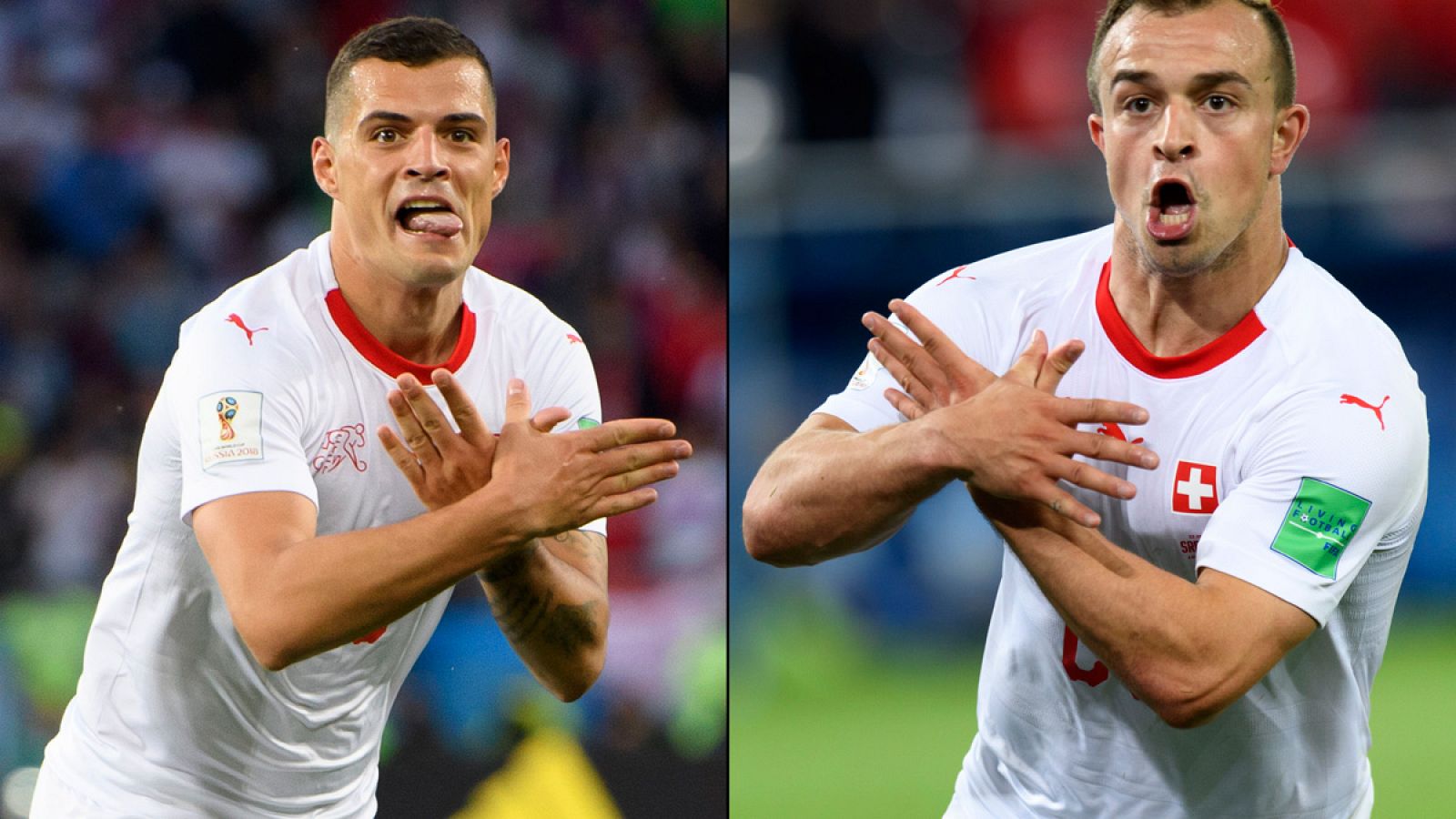 Imagen de las celebraciones de Xhaka y Shaqiri tras anotar sus goles frente a Serbia.